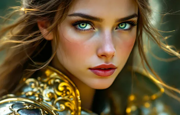 Look, girl, pose, portrait, armor, brown hair, blue eyes, warrior