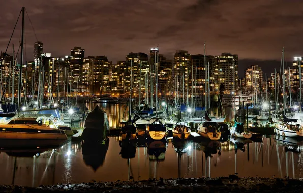 Night, lights, shore, home, yachts, pier, Canada, lights