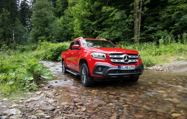 Greens, forest, red, stream, Mercedes-Benz, pickup, 2018, X-Class