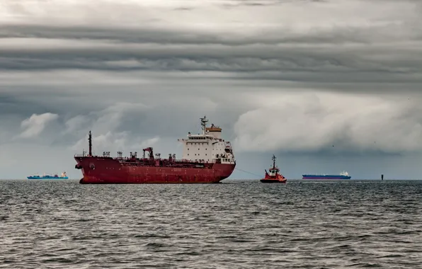 Sea, the sky, clouds, overcast, ships, horizon, boat, tanker