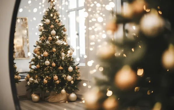 Balls, reflection, mirror, Christmas, New year, herringbone, bokeh, Christmas decorations