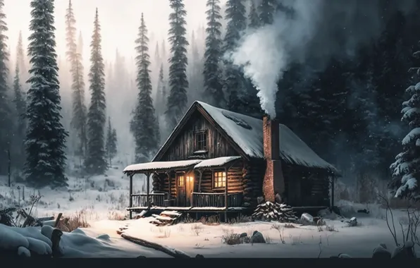 Winter, forest, light, snow, house, glade, smoke, hut