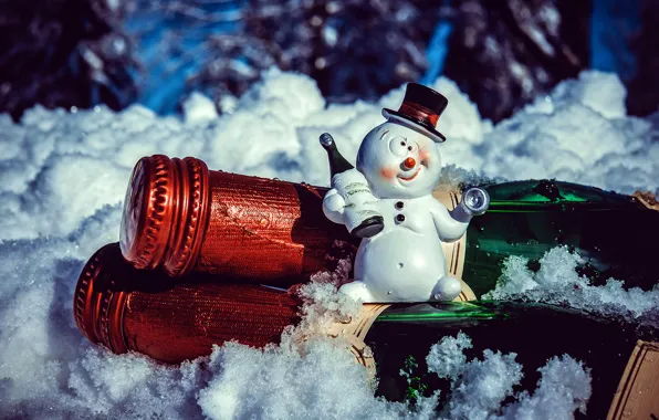Snowman, cool, drunk, souvenir, toast, with the holiday, sitting on champagne