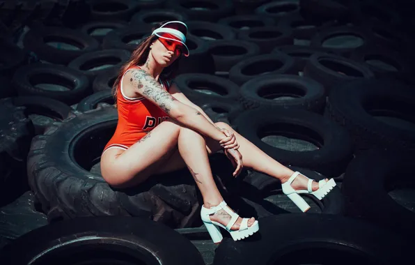 Pose, feet, model, tires, tattoo, sandals, visor, Sarah M.J