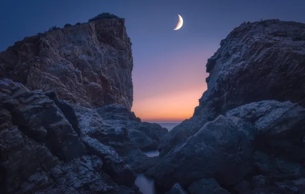 The sky, mountains, night, stones, rocks, the moon, shore, a month
