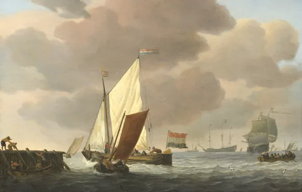 Tree, oil, picture, sail, seascape, Willem van de Velde the Younger, Boats at the Shore. …
