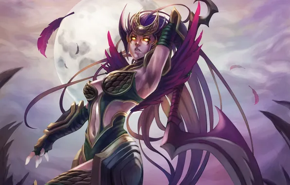 Girl, weapons, the moon, feathers, art, league of legends, diana, monori rogue