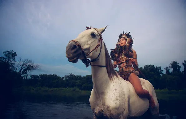 Summer, girl, nature, face, horse, feathers, headdress