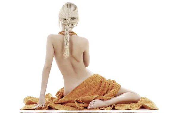 Sexy, Blonde, Erotic, Nude, Semi Nude, Unknown, Rear View, Orange Blanket Wrapped Around
