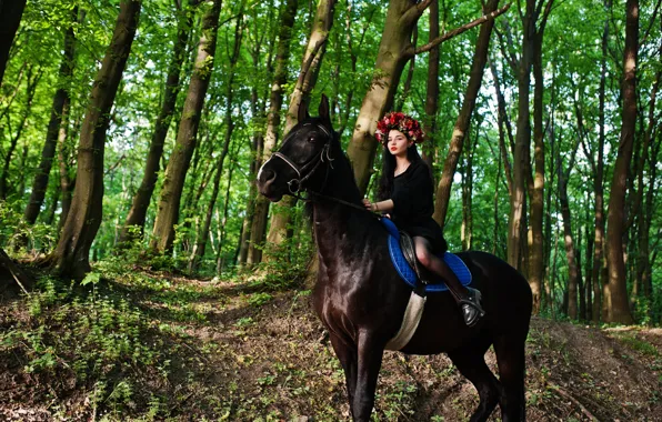 Forest, look, girl, flowers, nature, horse, horse, makeup