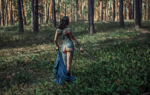 Forest, ass, grass, girl, trees, glade, body, back