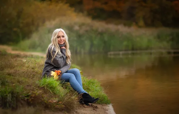 Picture autumn, girl, nature, face, smile, river, mood, hair