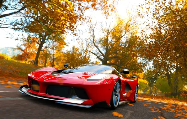 Road, machine, autumn, leaves, trees, Ferrari, falling leaves, Forza Horizon 4