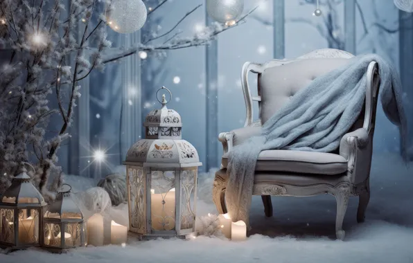 Winter, frost, snow, decoration, room, tree, interior, chair