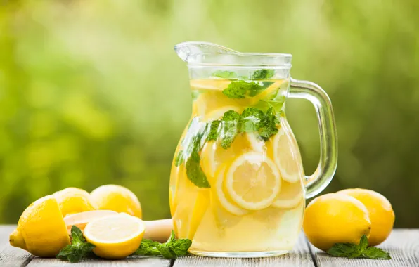 Greens, background, yellow, drink, pitcher, fruit, lemons, bokeh