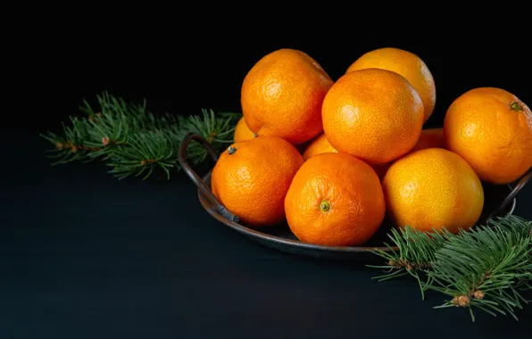 Branches, Board, Christmas, New year, black background, needles, tray, tangerines