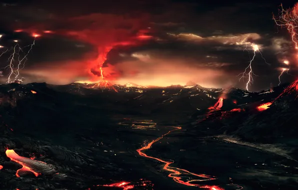 Picture the storm, mountains, night, lights, lightning, the volcano, lava