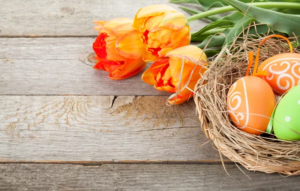 Picture flowers, eggs, spring, colorful, Easter, happy, wood, flowers