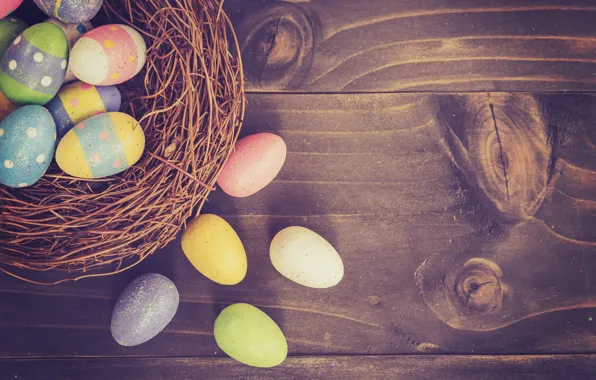 Picture basket, eggs, spring, colorful, Easter, wood, spring, Easter