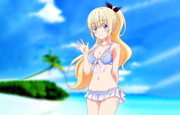 Girl, sexy, cleavage, beach, long hair, sea, boobs, anime