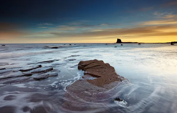 Picture seascape, rocks, Sunrise, Saltwick Bay