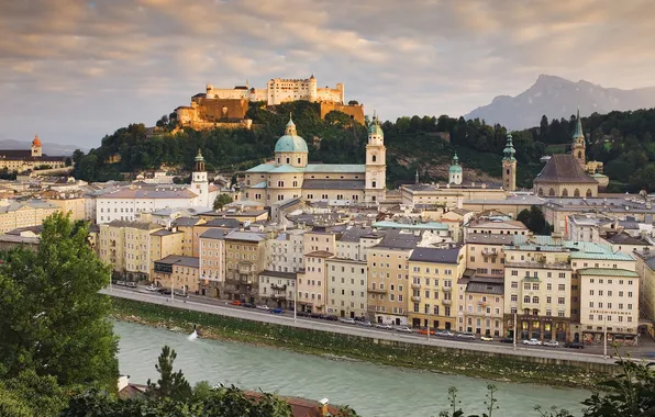 River, building, Austria, Austria, Salzburg, Salzburg, Hohensalzburg castle, Franciscan Church