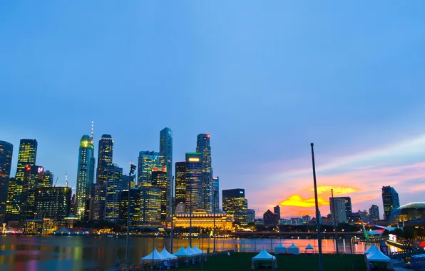 Dawn, coast, skyscrapers, Singapore, megapolis