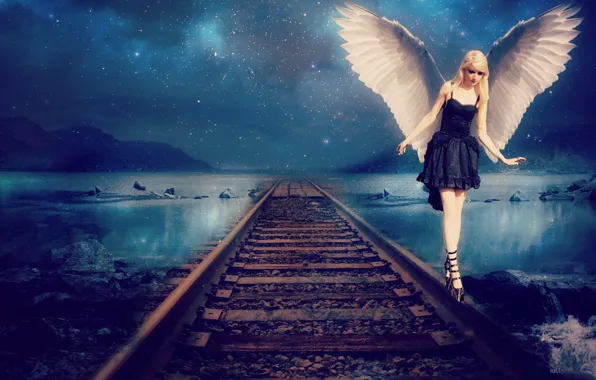 The sky, girl, stars, rails, wings, angel, dress, black