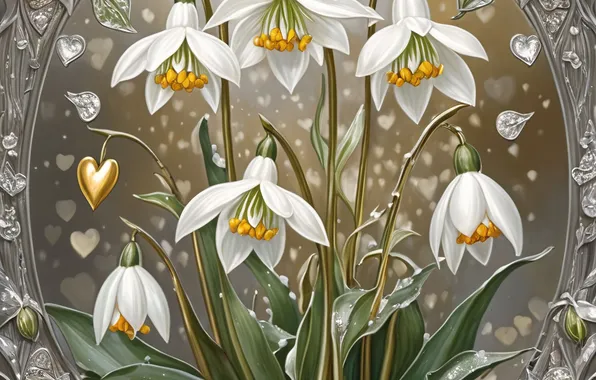 Flowers, pattern, texture, spring, styling, frame, snowdrops, white