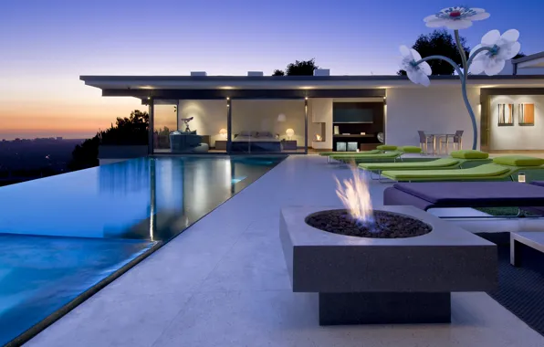 Picture fire, bed, interior, pool, bedroom, sunbeds, exterior
