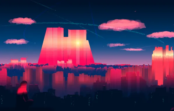 Sunset, The sky, Reflection, The city, People, View, Skyscrapers, City