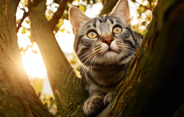 Cat, cat, look, the sun, rays, light, branches, nature