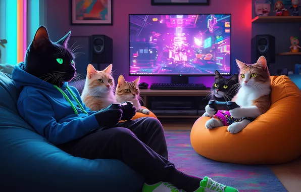 Game, cats, gamers, joysticks, gamblers