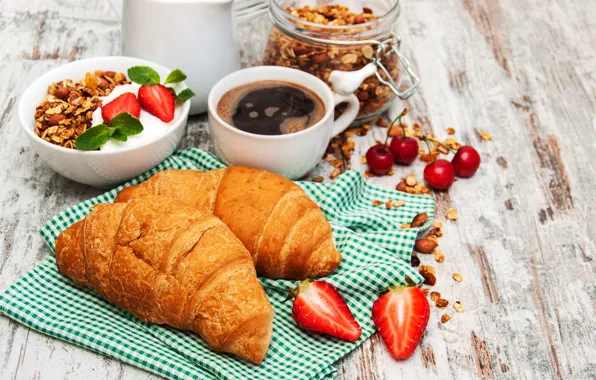 Berries, table, coffee, Breakfast, muesli, Croissant, Olena Rudo