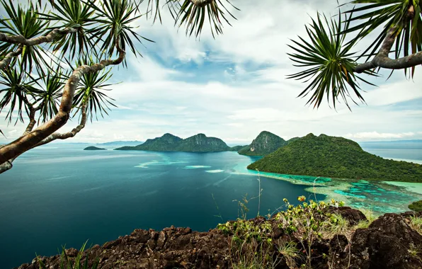 Sea, the sky, clouds, trees, tropics, rocks, island, panorama