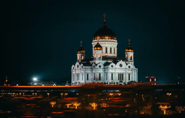 Picture night, bridge, the city, lighting, Moscow, temple, The Cathedral Of Christ The Savior, HHS