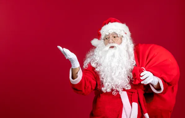Pose, hands, glasses, Christmas, New year, gloves, Santa Claus, bag