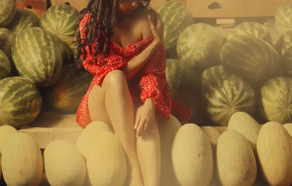 Feet, model, watermelons, dress, Vadim Aksenov