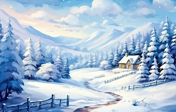 Winter, forest, clouds, snow, mountains, nature, house, hills