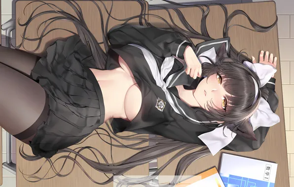 Girl, sexy, school uniform, long hair, boobs, animal ears, anime, beautiful