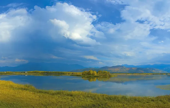 The sky, grass, clouds, trees, mountains, lake, home