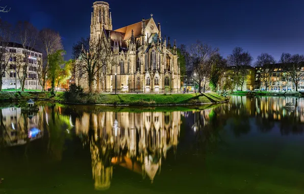 Picture the sky, night, lights, pond, home, Church, Cathedral