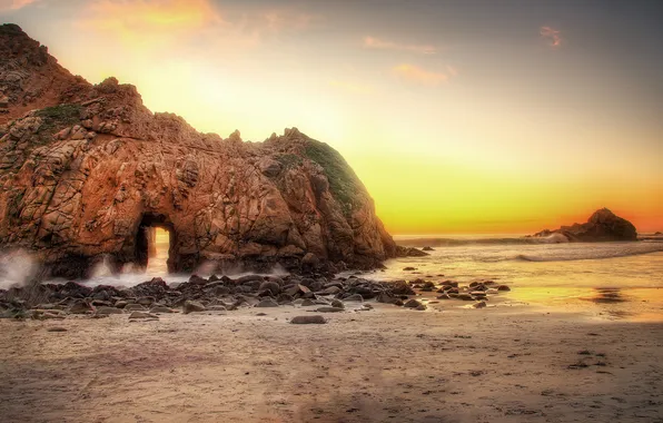 Picture beach, rock, the ocean, dawn, USA, USA, State California, California