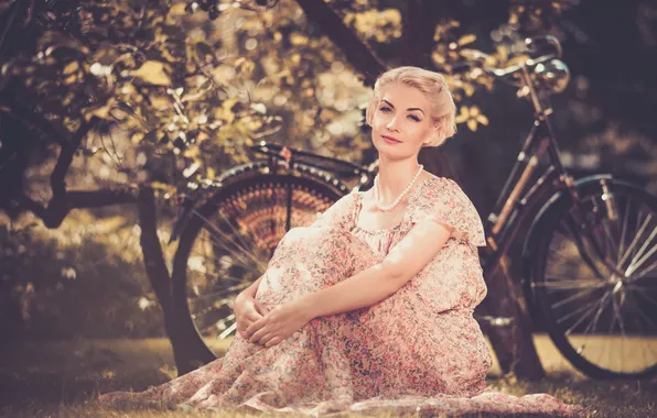Girl, bike, retro, foliage, dress, blonde