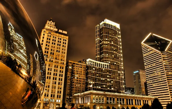 Night, lights, reflection, skyscrapers, Chicago, USA, monument, Millennium Park