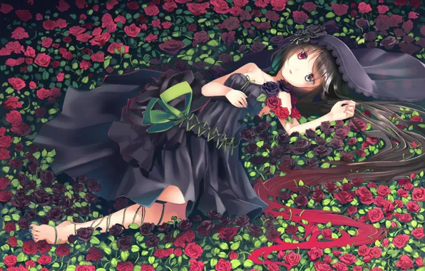 Picture girl, flowers, roses, anime, art