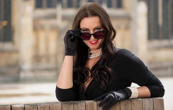 Girl, sweetheart, model, Glasses, Smile, brunette, Gloves, Portrait