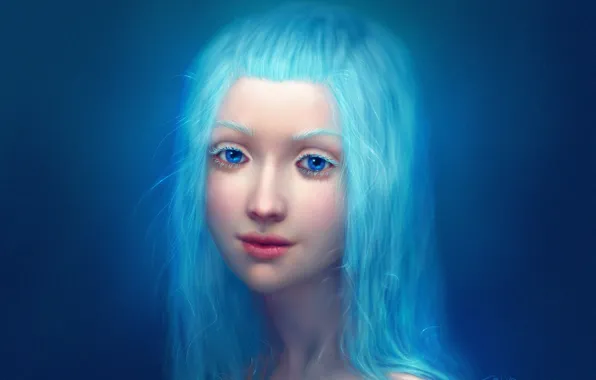 Girl, close-up, face, lips, blue eyes, long hair, blue hair, blue background