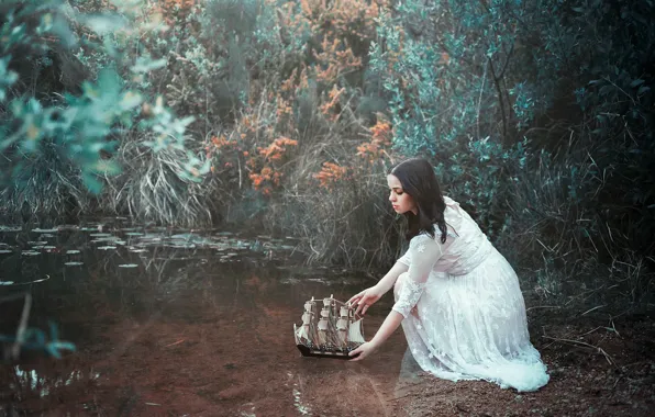 Picture girl, pond, ship