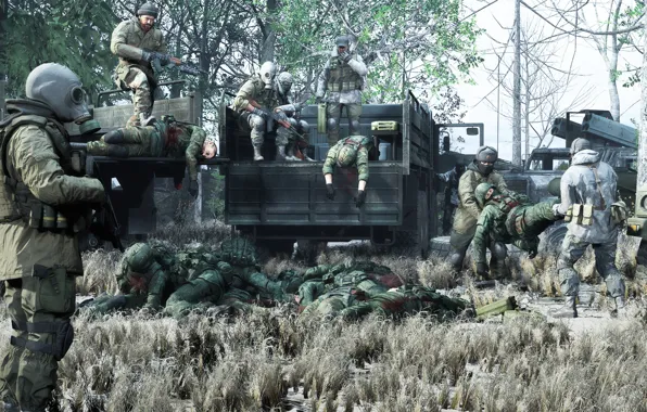 Transport, fighters, unloading, wounded, Disposal